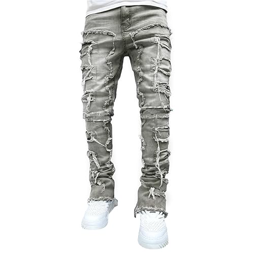 Geagodelia Jeans da Uomo Strappati Slim Fit Pantaloni in Denim Casual Hip-Hop per Uomo Ragazzo S-XXL Regalo (Grigio, L)