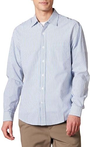 Amazon Essentials Camicia in Popeline a Maniche Lunghe Slim Uomo, Bianco Blu Righe Verticali, S