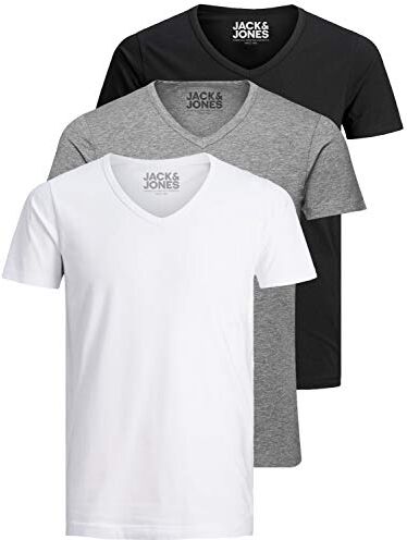 Jack & Jones Jack and Jones Maglietta da uomo basic con scollo a V, confezione da 3, tinta unita, slim fit, in bianco, nero, blu, grigio, XL