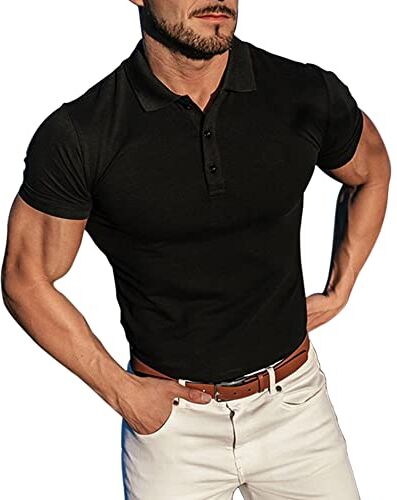 palglg Uomo Manica Corta Casual Magliette Camicie Tee con Polo Elastico Cotone Nero S