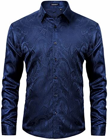 HISDERN Blu Navy Camicia Seta Uomo con Paisley Jacquard Floreale Camicia Raso Uomo Manica Lunga Regolare con Bottoni e Colletto per Matrimoni Party XXL