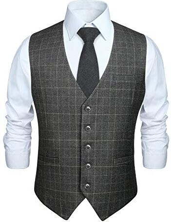 HISDERN Gilet Formale da Uomo Grigio in Cotone Panciotto Uomo Elegante Casual con Motivo Scozzese a Quadri Estivo 3XL