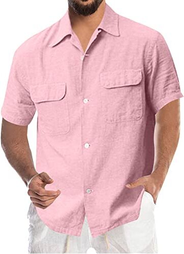 Generic Camicia da uomo a maniche corte estiva per il tempo libero, in cotone e lino, tinta unita, da lavoro, a maniche corte, Colore: rosa., XXL