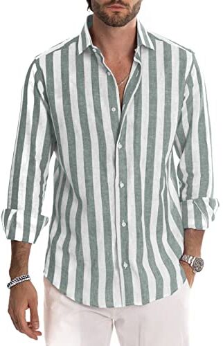 Meilicloth Camicia Uomo a Righe Cotone Manica Lunga Casual Lino Trama Western Regular Fit Verde Grigia Bianca XL