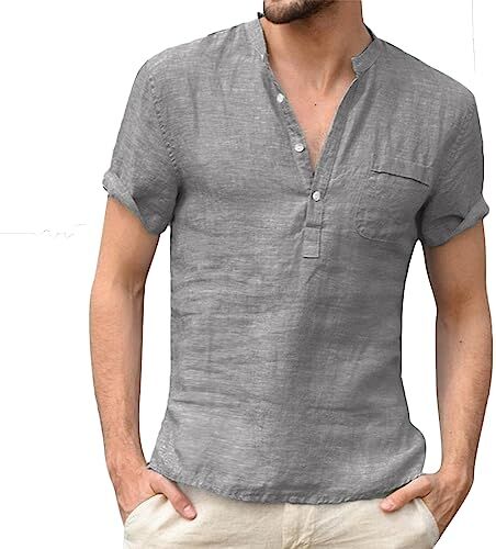 NIBESSER Camicia Lino Uomo Manica Corta Camicia Coreana Uomo Casual con Bottoni Tasca Camicia Uomo Elegante Estiva Henley Shirt Tinta Unita Traspirante per Mare Spiaggia Vacanza, Grigio, M