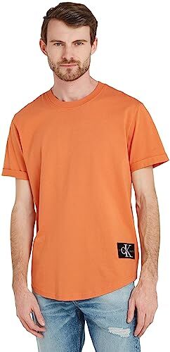 Calvin Klein T-shirt Maniche Corte Uomo Badge Turn Up Sleeve Scollo Rotondo, Arancione (Burnt Clay), XL