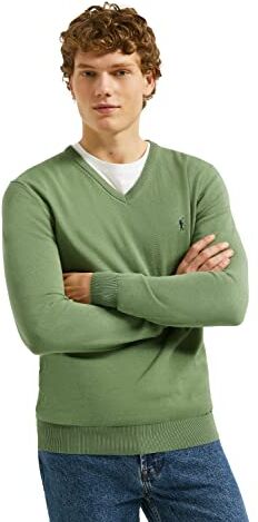 Polo Club Maglione Scollo a V Maniche Lunghe Verde Uomo Maglioni Pullover V-Neck 100% Cotone