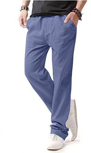 HOEREV Pantaloni Casual da Uomo in Lino,Azzurro,Small