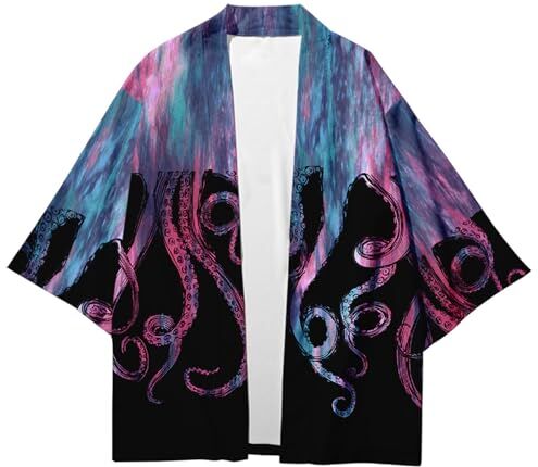 CIZEUR Cardigan Kimono Uomo Kimono Giapponese Maniche 3/4 Polpo Top Casual Camicetta Fantasia Estiva Coppia, M BK-Color