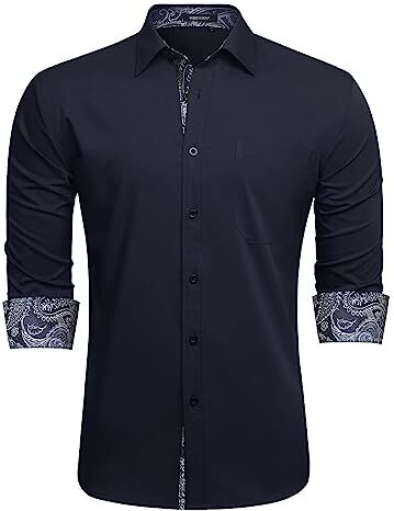 HISDERN Camicie da uomo a maniche lunghe formali casual business camicie per uomo vestibilità regolare button down camicia da lavoro per feste di nozze con tasche, blu navy, L