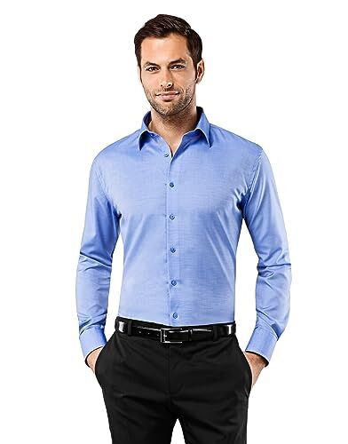 Vincenzo Boretti Camicia Uomo Eleganti, Taglio Aderente/Slim-Fit, Collo Classico, Manica Lunga, in Tinta Unita Non Stiro/Non-Iron Blu 41-42