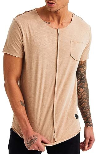 Leif Nelson LN6288 Maglietta estiva da uomo, scollo rotondo, slim fit, in cotone beige. L