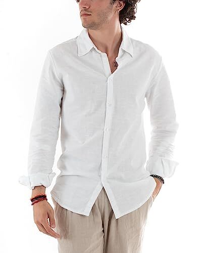 Giosal Camicia Uomo Lino Colletto Tinta Unita Maniche Lunghe Made in Italy (S, Bianco)