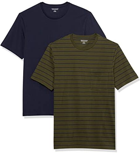 Amazon Essentials T-Shirt Girocollo con Tasca a Maniche Corte Slim Uomo, Pacco da 2, Blu Marino/Verde Oliva/Righe, XS