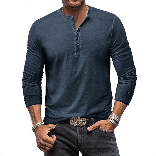 RQPYQF Maglietta da Uomo Manica Lunghe Casuale Henley Shirt Uomo t Shirt Vintage Uomo CS07 Taglia S-XXL (Blu Scuro, XL)