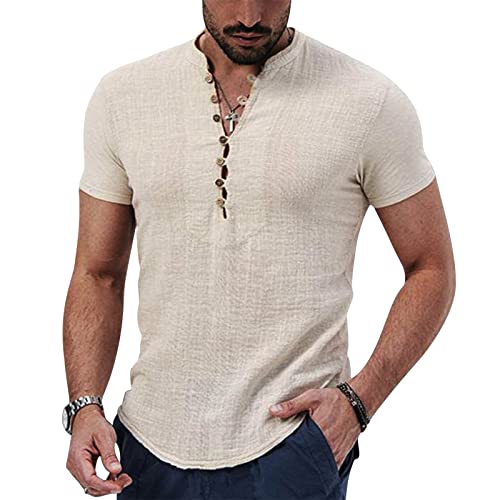 NIBESSER Camicia Lino Uomo Maniche Corte Camicia Uomo Estiva Elegante Camicia Coreana Uomo Casual con Bottoni Henley Shirt Traspirante Tinta Unita per Mare Spiaggia Vacanza, Cachi, M