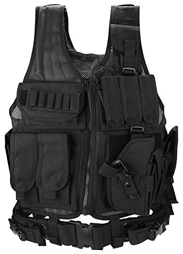 ProCase Gilet Tattico, Gilet Tattico Softair Traspirante Regolabile da Uomo per Assalto di Addestramento al Combattimento All'aperto, Leggero Paintball Militare Gilet Softair, Festa del Papà –Nero