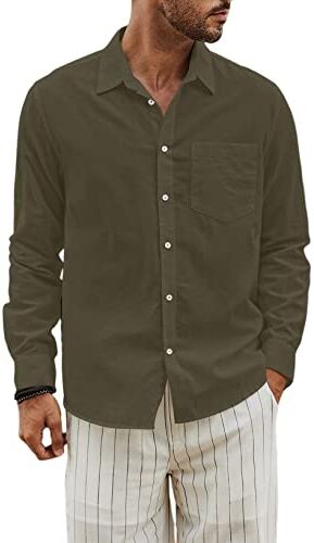 JMIERR Camicia in Lino di Cotone Uomo Maniche Lunghe Casual Camicie Western Regular Fit, Army Green XL