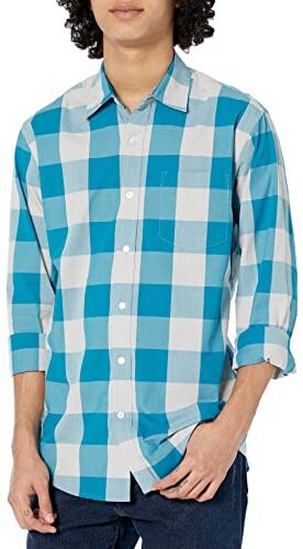 Amazon Essentials Camicia Casual in Popeline a Maniche Lunghe vestibilità Regular Uomo, Blu Bianco Buffalo Plaid, L