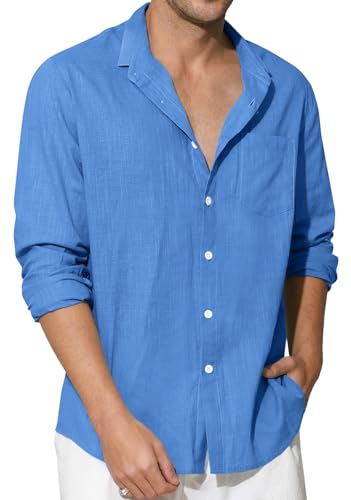 Enlision Camicia di Lino Uomo Manica Lunga Estiva Camicie Blu Reale Collo Coreana Cotone Henley Shirts a Bottoni Tinta Unita Elegante Casual 2XL