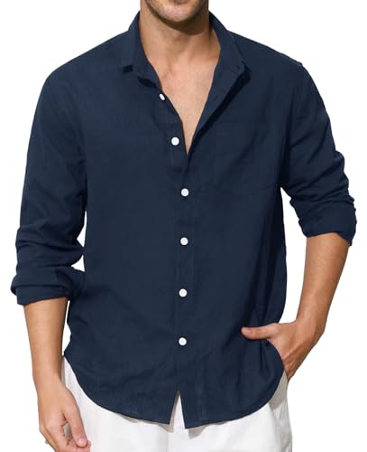 Enlision Camicia di Lino Blu Uomo Manica Lunga Estiva Camicie Blu Navy Collo Coreana Cotone Henley Shirts a Bottoni Tinta Unita Elegante Casual 3XL