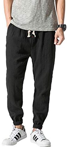 VANVENE Pantaloni casual da uomo in lino e cotone, leggeri e larghi, da spiaggia, yoga, gamba ampia Nero XXXXL