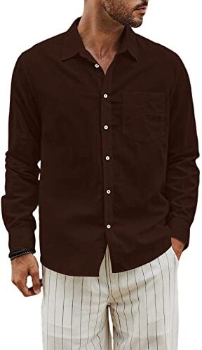 JMIERR Camicia in Lino di Cotone Uomo Maniche Lunghe Casual Camicie Western Regular Fit, Marrone S