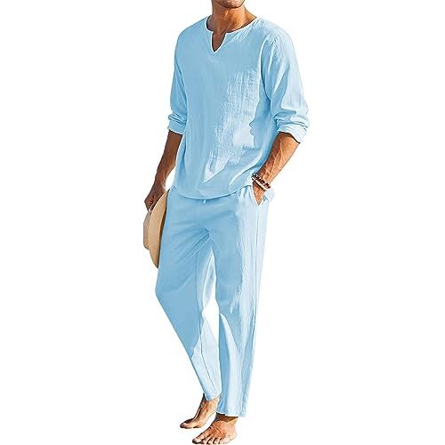 Geagodelia Completo Estivo da Uomo 2 Pezzi Casual per Spiaggia Tuta Completa in Cotone e Lino Maglietta a Manica Lunga + Pantaloni con Coulisse Set Uomini (Azzurro, XXL)