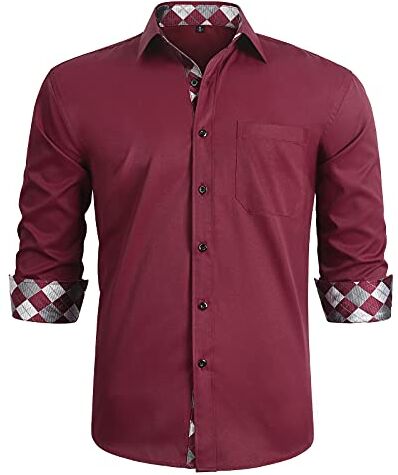 HISDERN Camicia Maniche Lunghe Uomo Slim Fit Casual Camicie Regolare Shirt Formale Camicia Borgogna Bianco 4XL