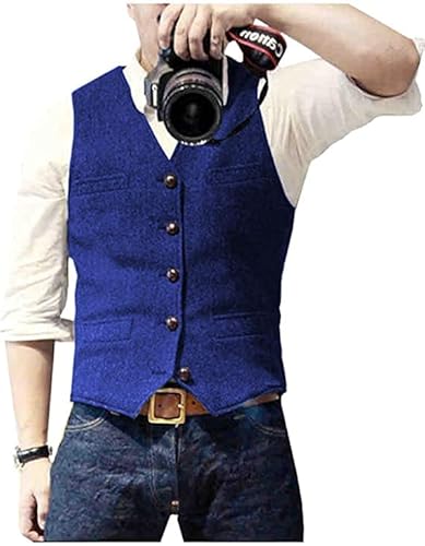 Solovedress Uomo Casual lana a spina di pesce vestito gilet scollo a v tweed gilet per matrimonio Groomsmen, blu reale, M