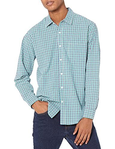 Amazon Essentials Camicia Casual in Popeline a Maniche Lunghe vestibilità Regular Uomo, Blu Marino Verde Percalle, L