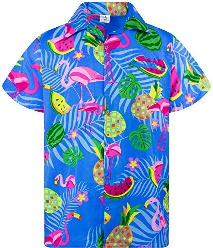 King Kameha Funky Camicia Hawaiana, Flamingo Melone, Blu Indaco, XS