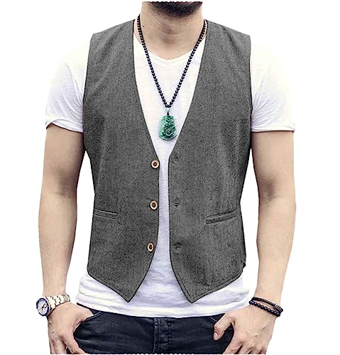 Tiavllya Gilet da uomo senza maniche in cotone e lino casual Gilet da spiaggia estivo slim fit tinta unita a 3 bottoni（XXL, Grigio）