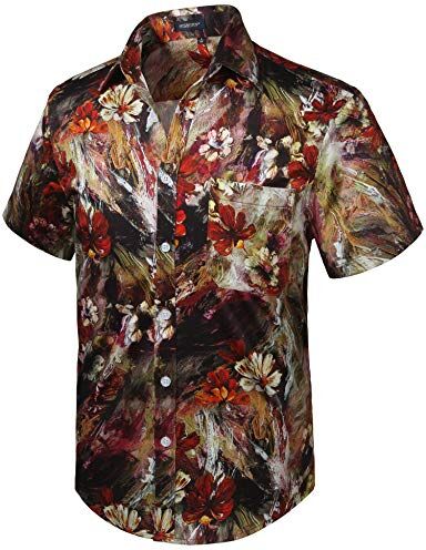 HISDERN Men Funky Hawaiana Ananas Camicie Manica Corta Tasca Frontale Vacanze estive Aloha Stampate Beach Casual Navy Blue Hawaii Shirt