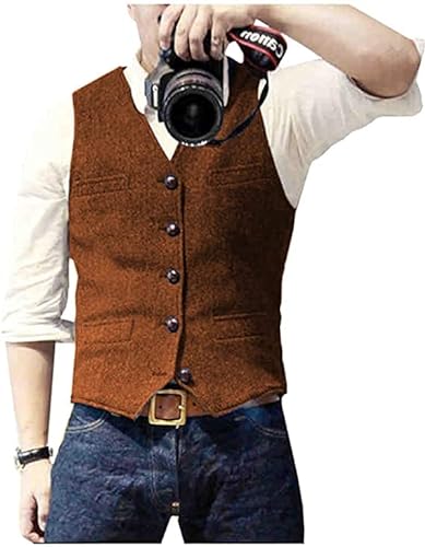 Solovedress Uomo Casual lana a spina di pesce vestito gilet scollo a v tweed gilet per matrimonio Groomsmen, Colore: arancione., M