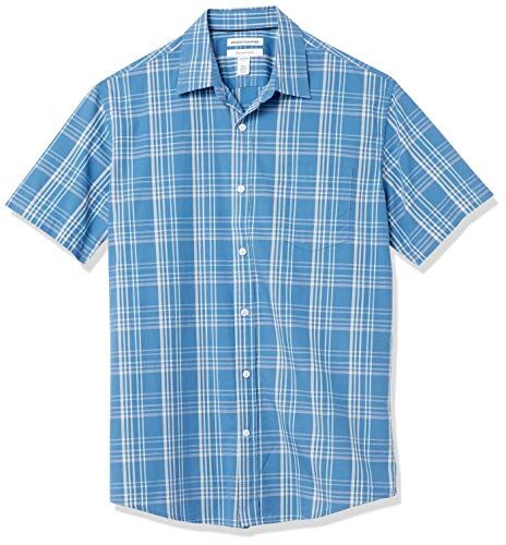 Amazon Essentials Camicia in Popeline a Maniche Corte Regular Fit Uomo, Blu Acqua A Quadretti, S