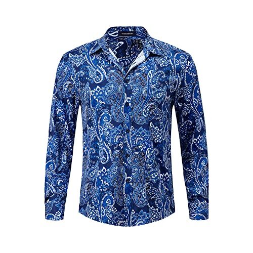 HISDERN Camicie Casual Uomo Manica Lunga Fantasia Casual per Festa Matrimonio Button Down Camicia Motivo Paisley Regular Fit,Blu,XL