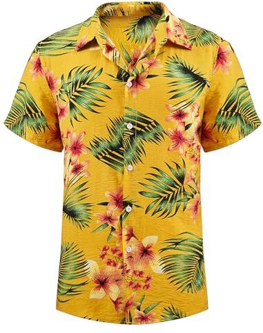 heekpek Camicia Hawaiana Uomo Manica Corta Estiva Camicia Floreale Uomo Casual Spiaggia Camicia Hawaiana Fiori Regular Fit Camicia Tropicale Stampa, Giallo, XL