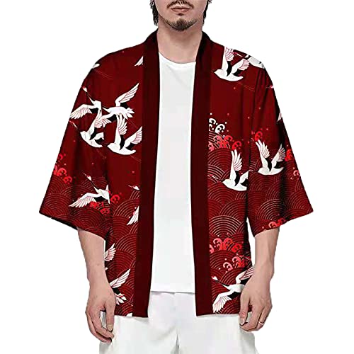 CIZEUR Camicia Kimono T Shirt Uomo Maniche 3/4 Cardigan Giacca Top Casual Camicetta Vintage Elegante Estiva Coppia, 2XL Vino Rosso