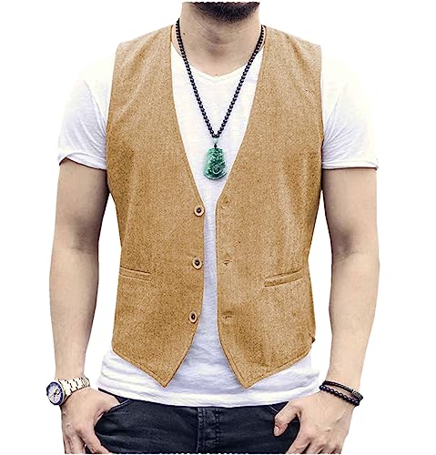 Tiavllya Gilet da uomo senza maniche in cotone e lino casual Gilet da spiaggia estivo slim fit tinta unita a 3 bottoni（M, Marrone）