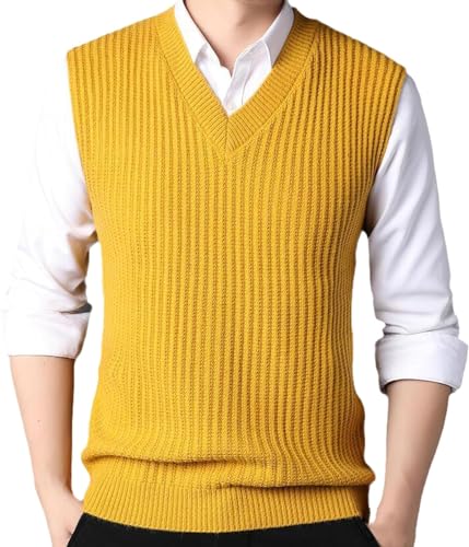 DELURA Gilet lavorato a maglia da uomo Gilet maglione pullover Taglie forti S-4XL Gilet di maglieria da uomo autunno inverno semplice scollo a V/390 (Color : Yellow, Size : Medium 52-57kg)