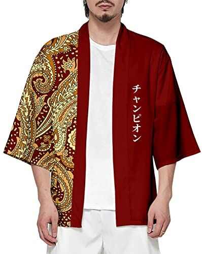 CIZEUR Camicia Kimono T Shirt Uomo Maniche 3/4 Cardigan Giacca Top Casual Camicetta Vintage Elegante Estiva Coppia, XL Wine Red Yellow