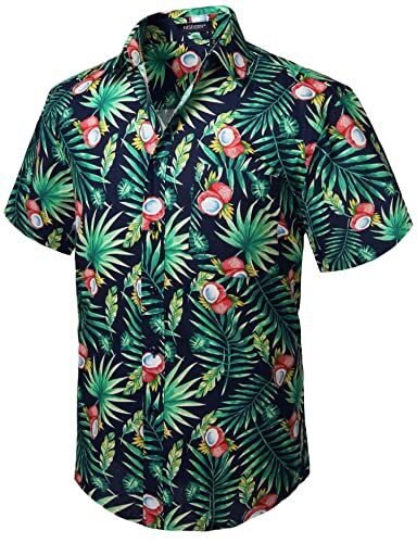 HISDERN Uomo Funky Hawaiana Cocco Camicie Manica Corta Tasca Frontale Vacanze estive Aloha Stampato Spiaggia Casual Blu Navy Verde Hawaii Camicia S