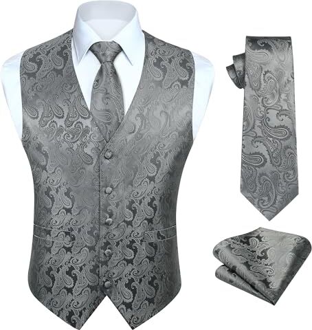 HISDERN Gilet da Uomo Nero Paisley Floreale Jacquard Gilet Cravatta e Fazzoletto Set Elegante Classico Panciotto Uomo L