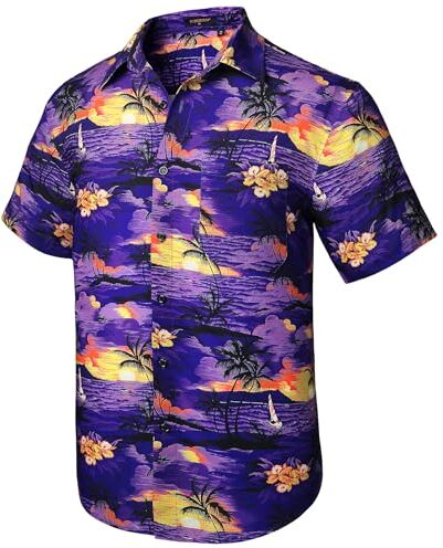 HISDERN Camicie hawaiane Floreali Manica Corta Camicia Casual Estiva da Spiaggia Camicia Hawaii Aloha Camicia da Festa vestibilità Regolare Viola L