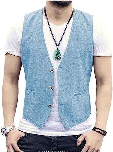 Tiavllya Gilet da uomo senza maniche in cotone e lino casual Gilet da spiaggia estivo slim fit tinta unita a 3 bottoni（L, Azzurro）