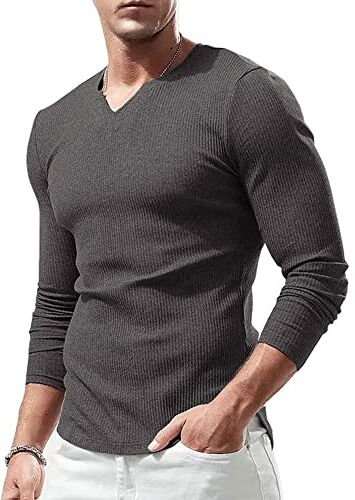 Lehmanlin Camicia a Maniche Lunghe T-Shirt Sportive da Uomo, Scollo a V Elasticizzato,vestibilità Muscolosa,Biancheria Intima Casual, Grigio L