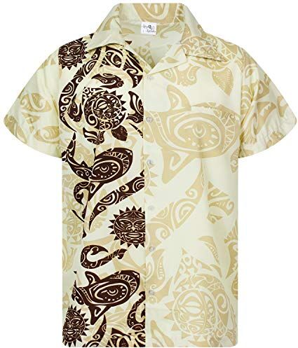 King Kameha Funky Camicia Hawaiana, Manica Corta, Maori Chest, Beige, XS