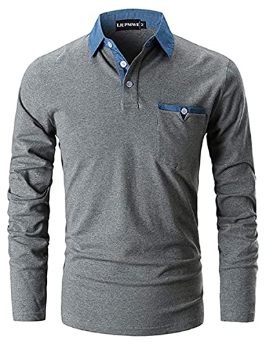 LIUPMWE Polo Uomo Manica Lunga Maglietta Cuciture in Denim Collare Cotone Basic Golf Casual T-Shirt,a-Grigio,M