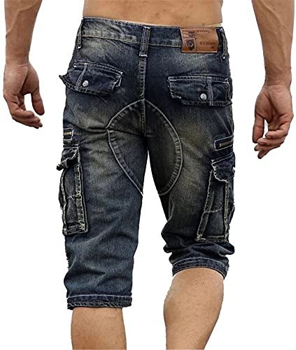 WFEI Denim da Uomo Jean Men Shorts Summer Fashion Cargo Denim Shorts con Pantaloncini Jeans Slim Fit Multi Tasche,Dark Blue,29